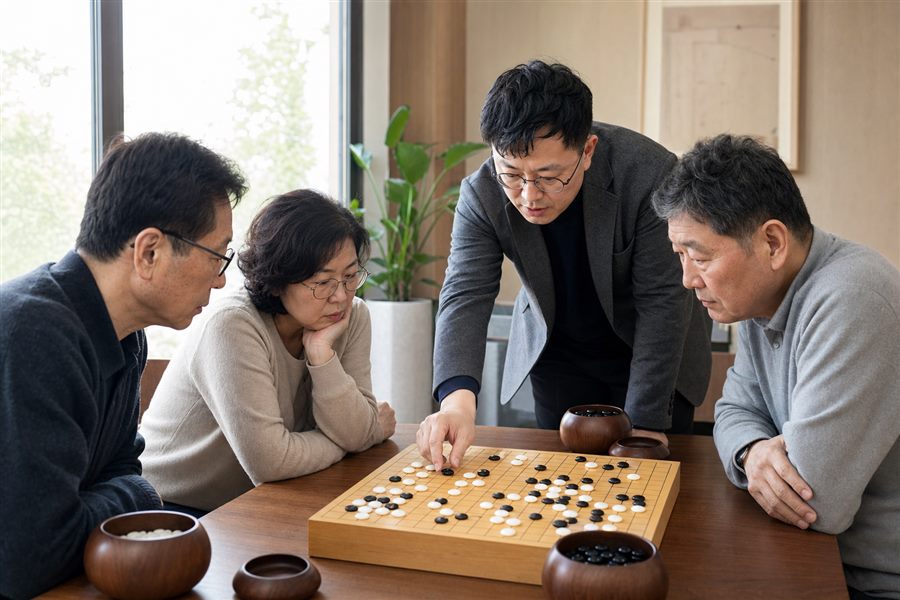 수담 레슨에서 코치가 회원에게 복기를 설명하는 모습