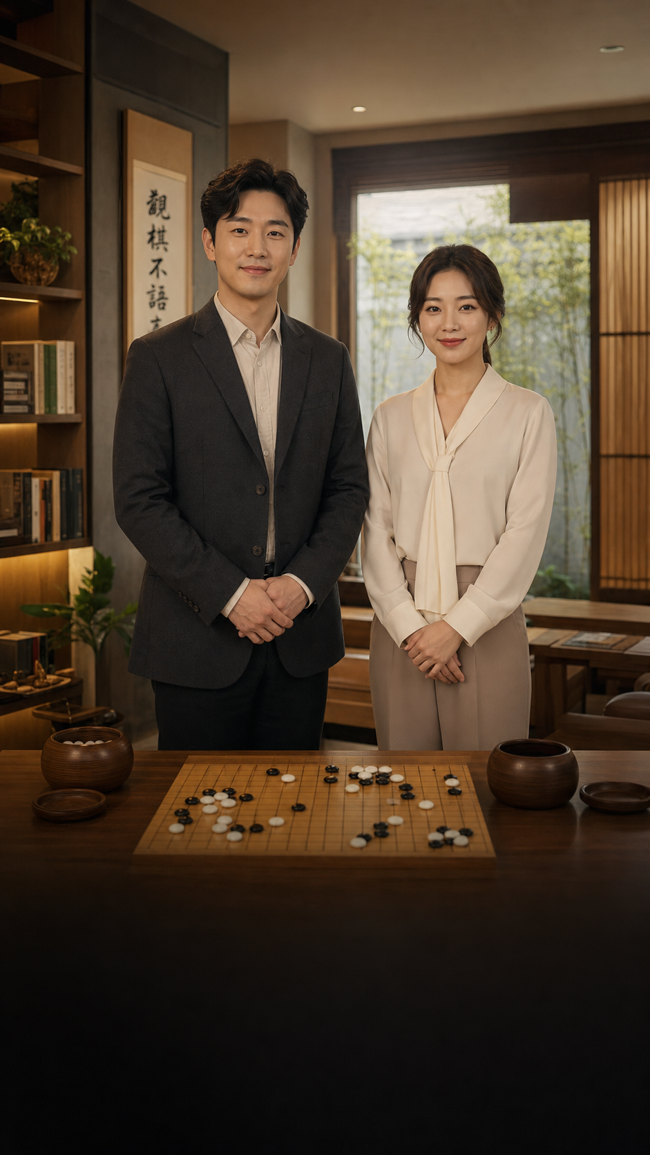 수담 남녀 바둑 코치가 새 회원을 환영하는 모습